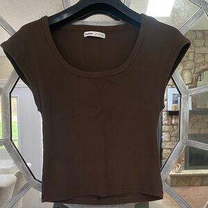 Pull&Bear Chocolate Brown Ribbed Scoop Neck Crop Tank